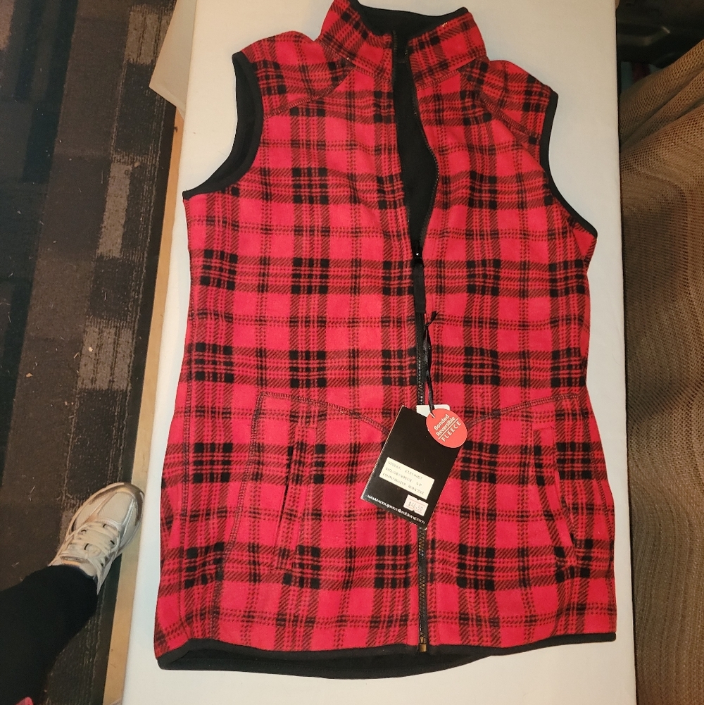 Plaid Red/black Women's Vest Reversible With Pockets Size Small